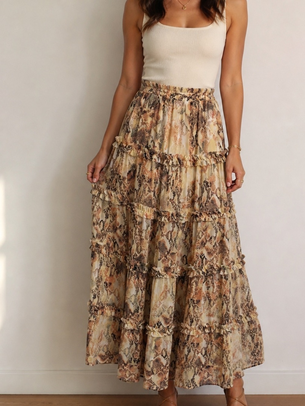 AFRM Taupe Snake-Print Tiered Maxi Skirt